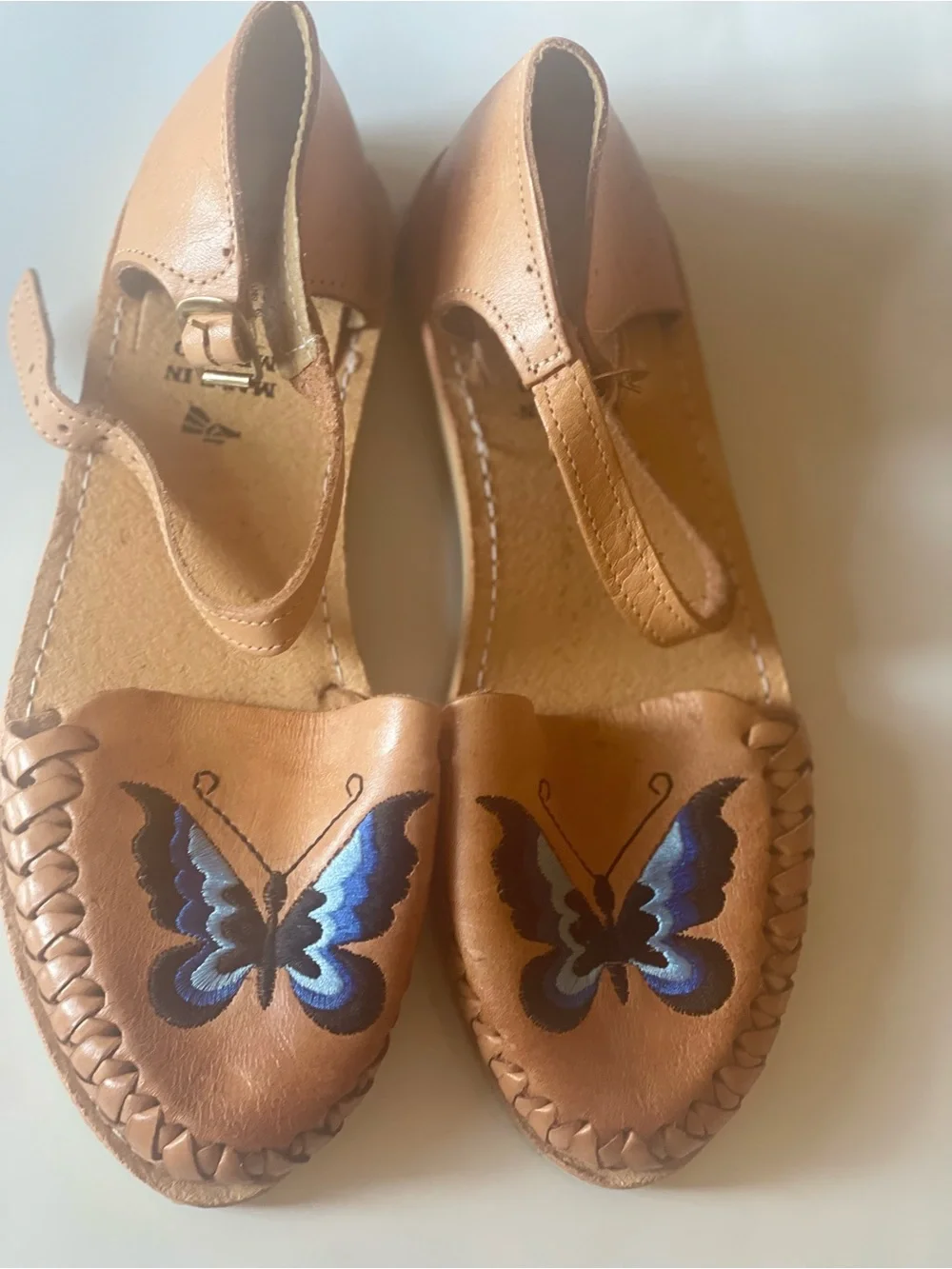 Tan Leather Women’s Espadrilles with Blue Butterfly Embroidery